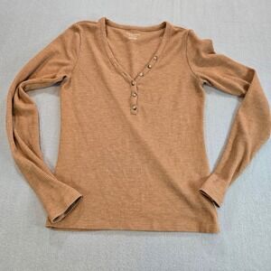 American Eagle Womens Small Brown Waffle Knit Henley Long Sleeve Shirt V-Neck